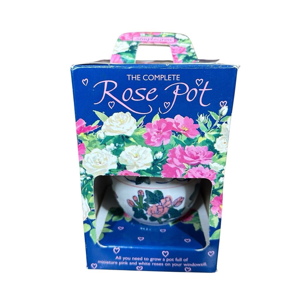 Vtg Simple Grow Complete Rose Pot Kit With Pink Floral 2.5" Ceramic Planter 2002